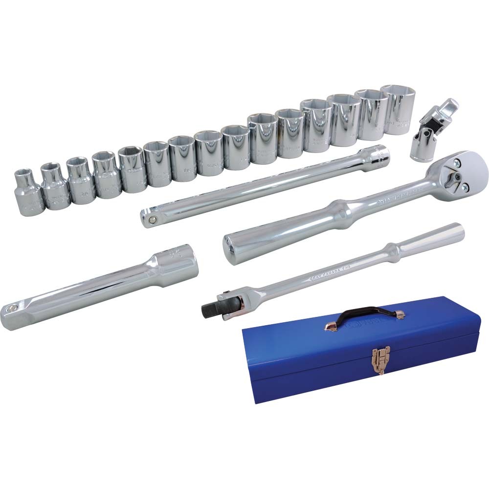 20 Piece 1/2" Drive 6 Point SAE, Standard Chrome Socket & Attachment Set