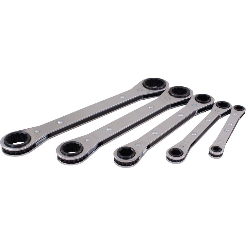 5 Piece 6 & 12 Point SAE, Flat Ratcheting Box Wrench Set, 1/4" X 5/16" - 3/4" X 7/8"