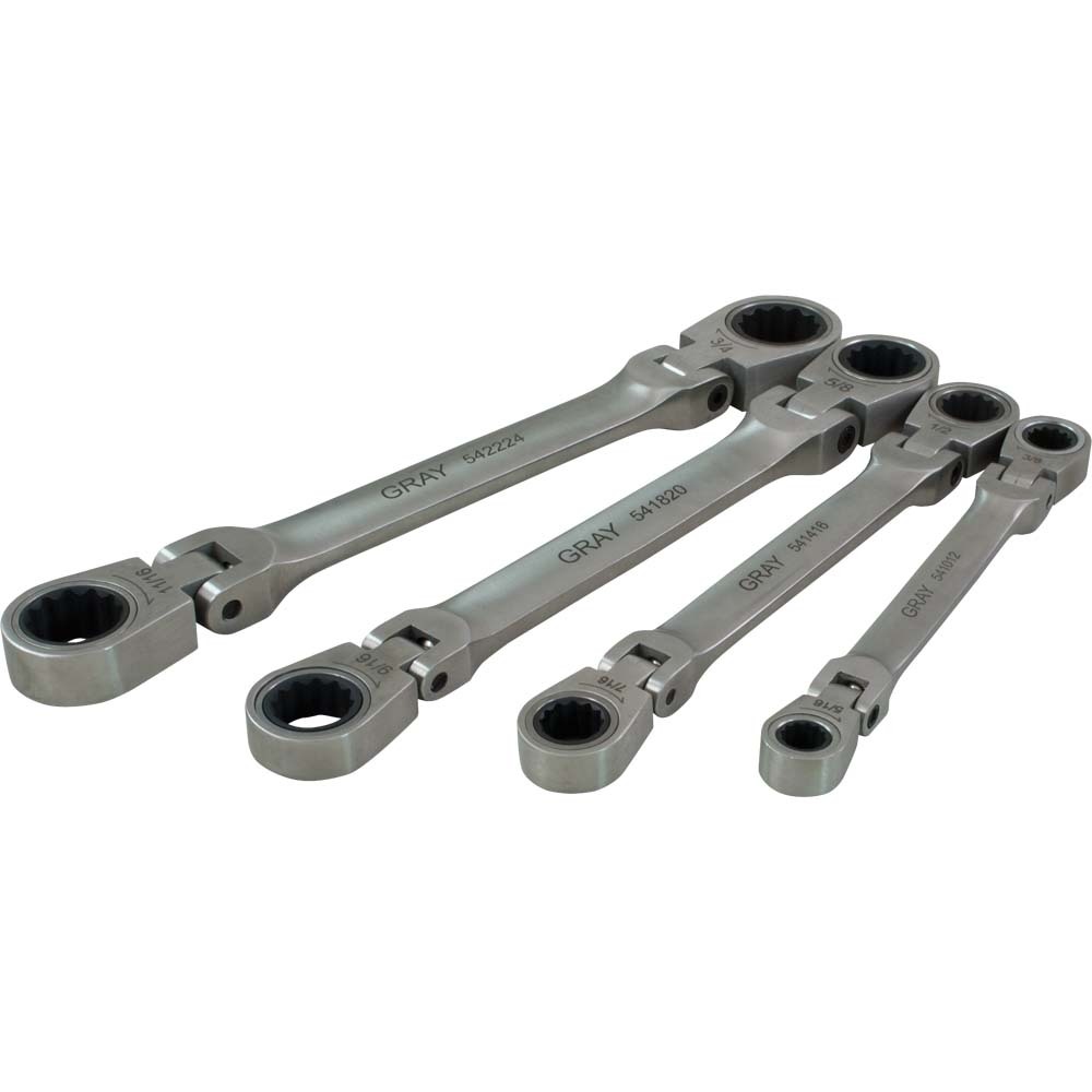 4 Piece SAE, Double Box Flex Head, Ratcheting Wrench Set, 5/16" X 3/8" - 11/16" X 3/4