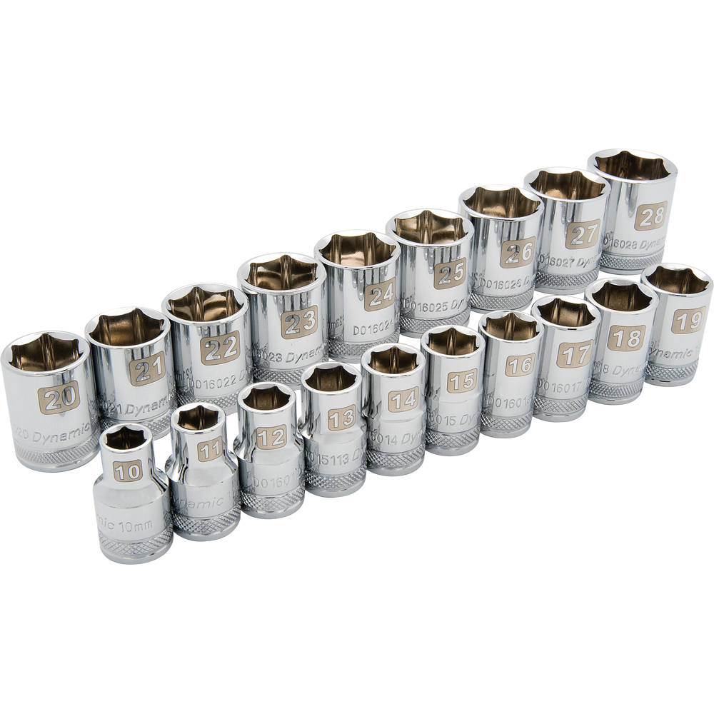 1/2" Drive 19 Piece 6 Point Standard, Metric Socket Set, 10mm - 28mm