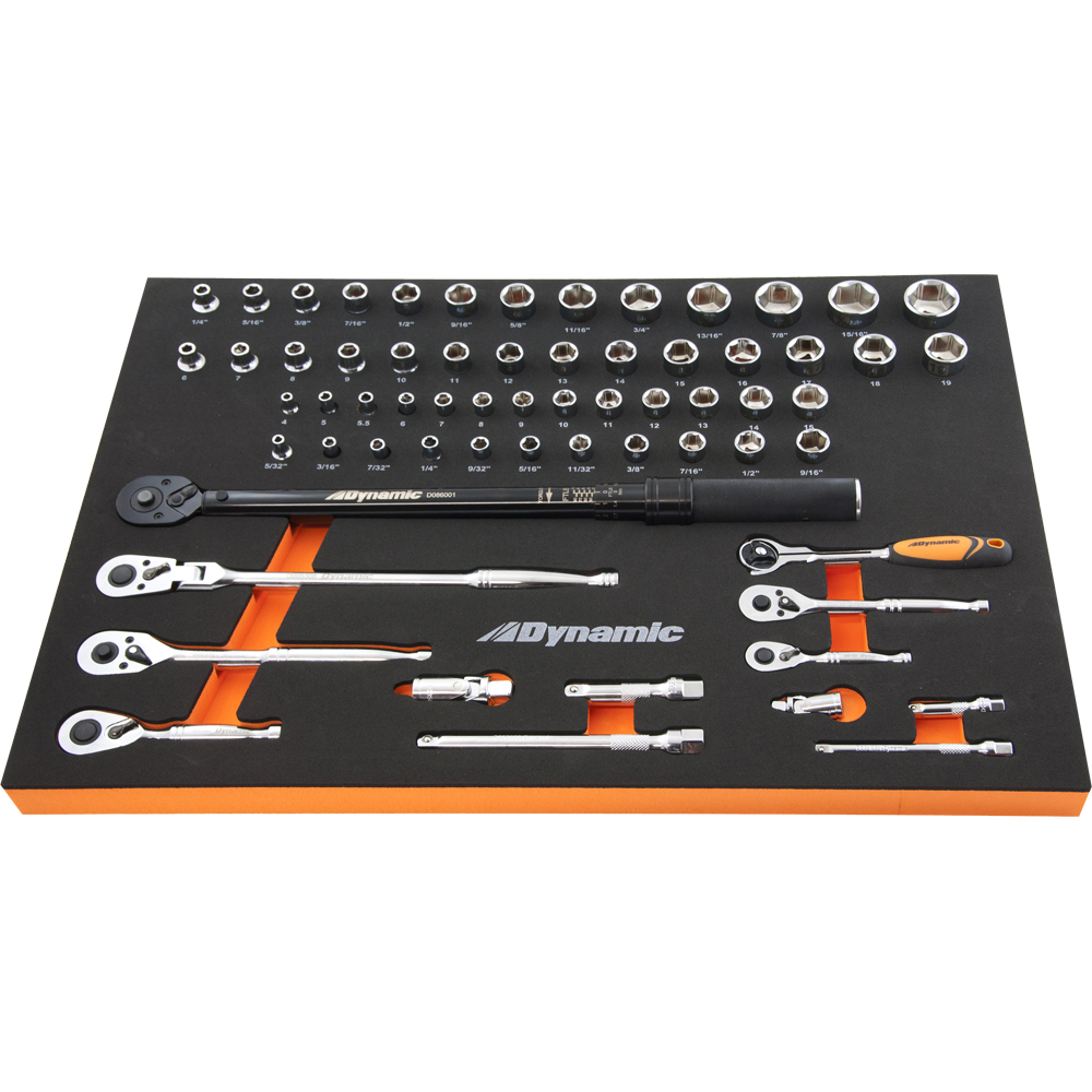 65 Piece 1/4", 3/8" Drive Socket & Attachment and Torque Wrench Set With Foam Tool Organizer