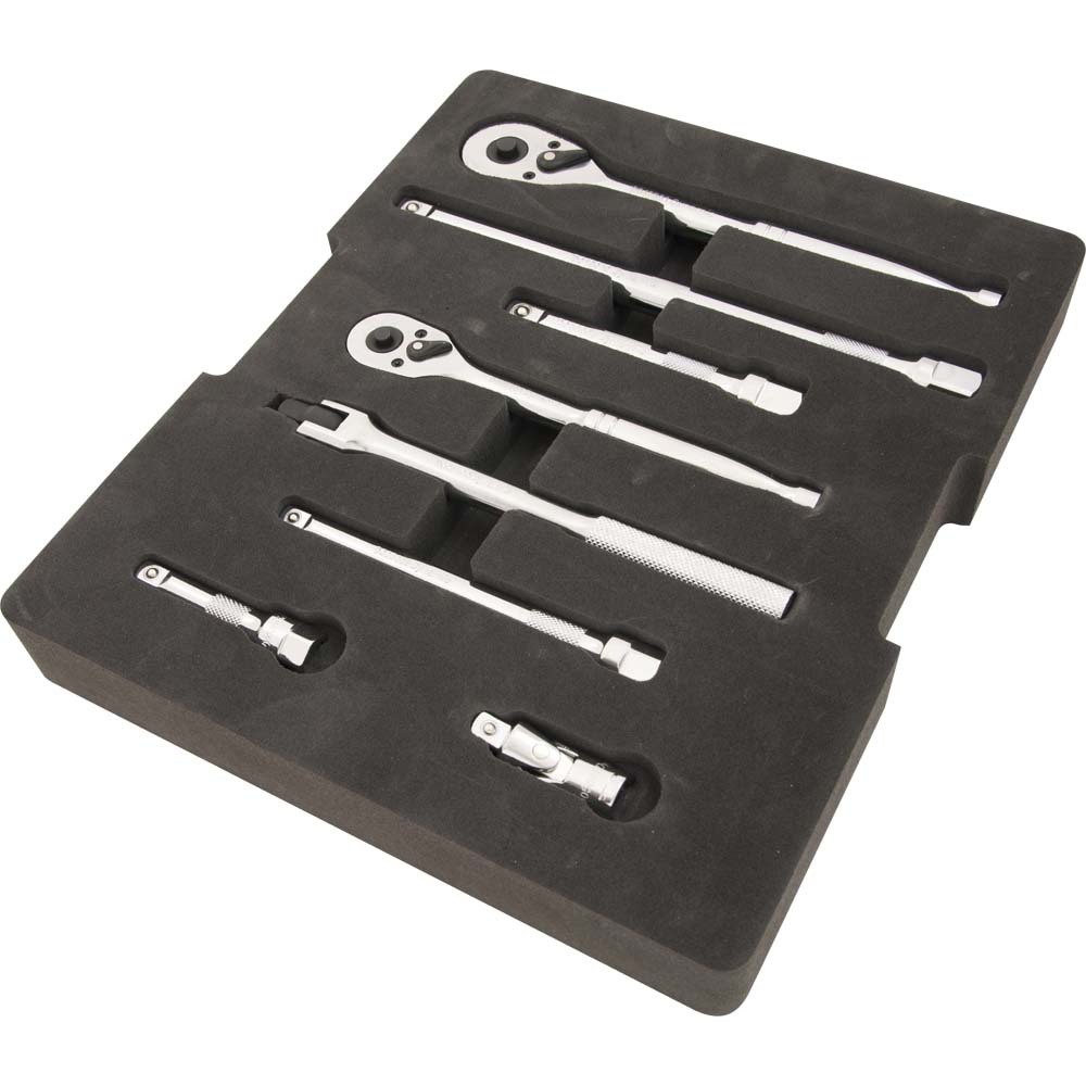9 Piece Ratchet, Extension, U-Joint and Flex Handle Set, 3/8" and 1/2" Drive, With Foam To