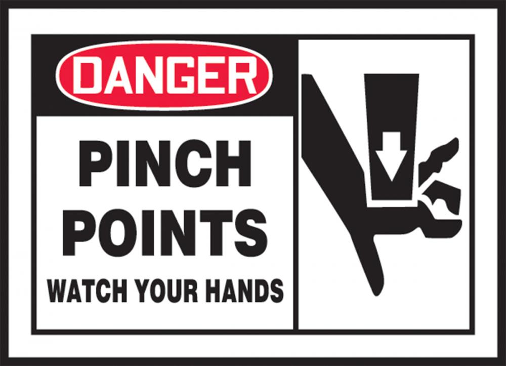 Safety Label, DANGER PINCH POINTS WATCH YOUR HANDS, 3 1/2" x 5", Adhesive Vinyl, 5/pk
