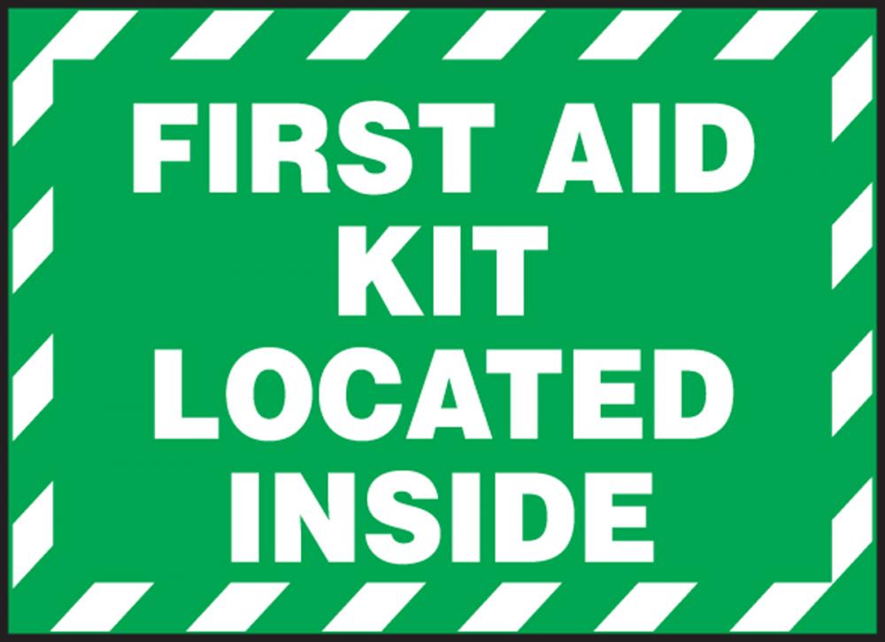 Safety Label, FIRST AID KIT LOCATED INSIDE, 3 1/2" x 5", Dura-Vinylâ„¢