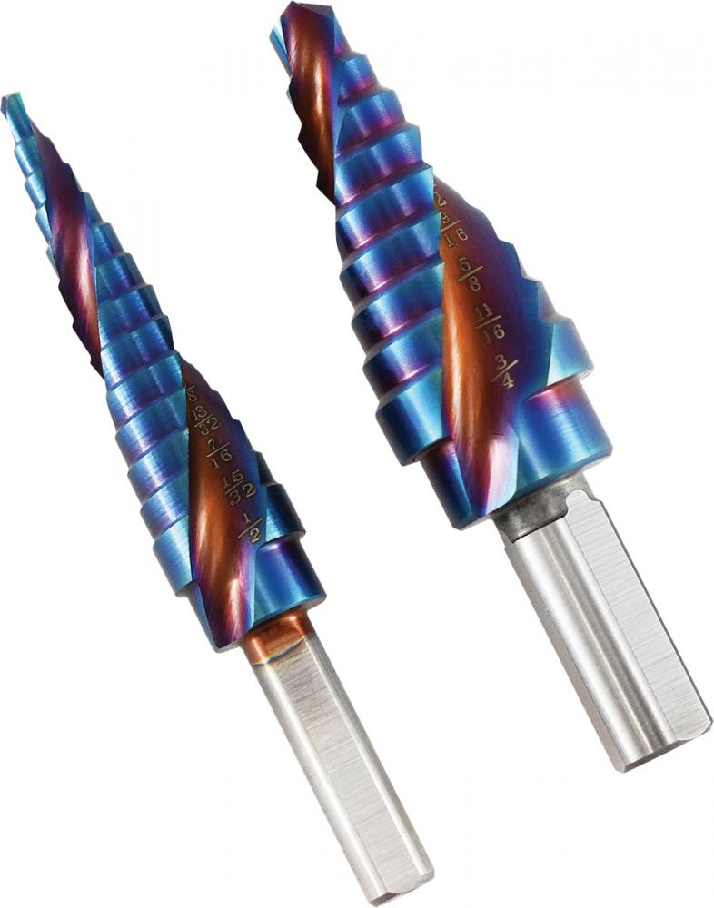 BLUE STEEL MAX-DUTY STEP DRILL SET, UP TO 1/2" BY 1/32" AND UP TO 3/4" BY 1/16"