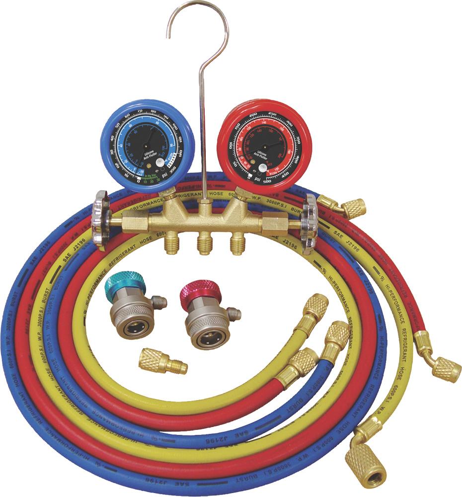 R12/R134A DELUXE DUAL BRASS A/C MANIFOLD GAUGE SET, (3) 60" HOSES