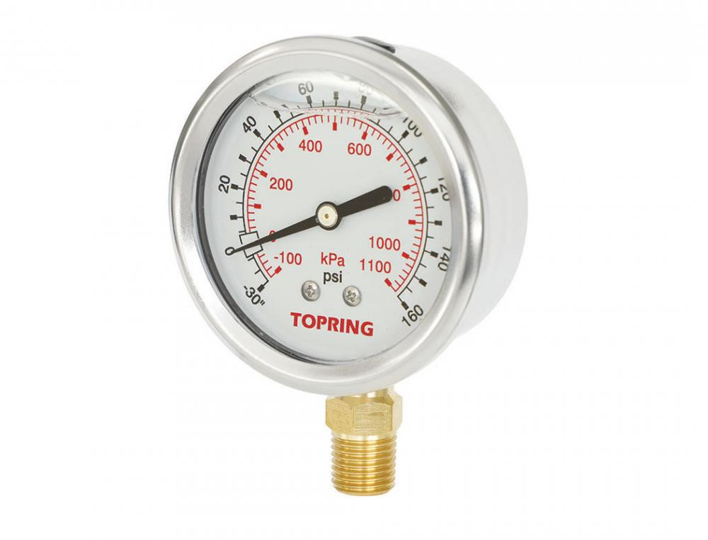 2-1/2 In. Stainless Steel Liquid Filled Pressure Gauge With Glycerin 30 Hg + 160 PSI