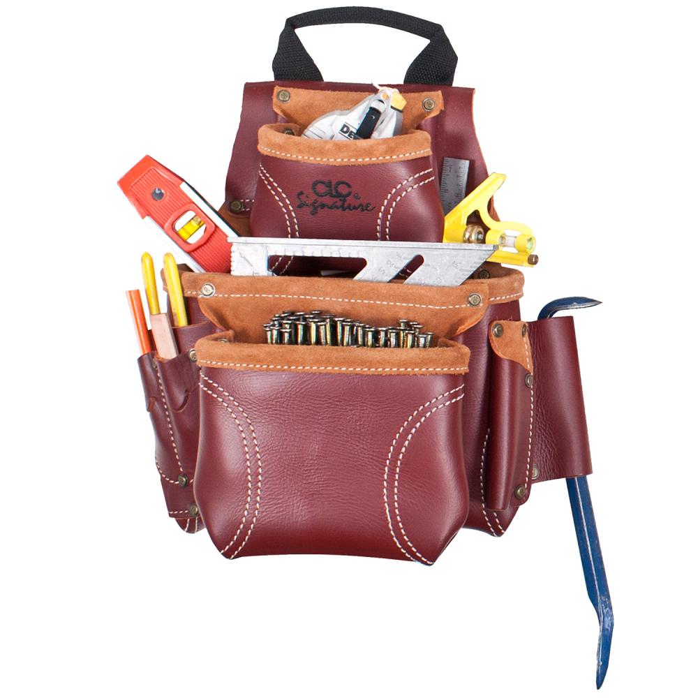 CONSTRUCTION WORKER'S HEAVY-DUTY LEATHER NAIL & TOOL BAG - 8 POCKETS