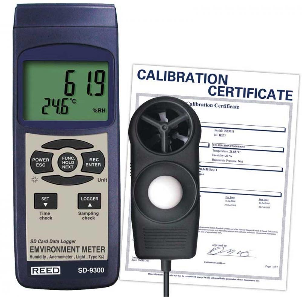 REED SD-9300-NIST SD Series Environmental Meter, Datalogger (Air Velocity/Temp, Light, Ambient