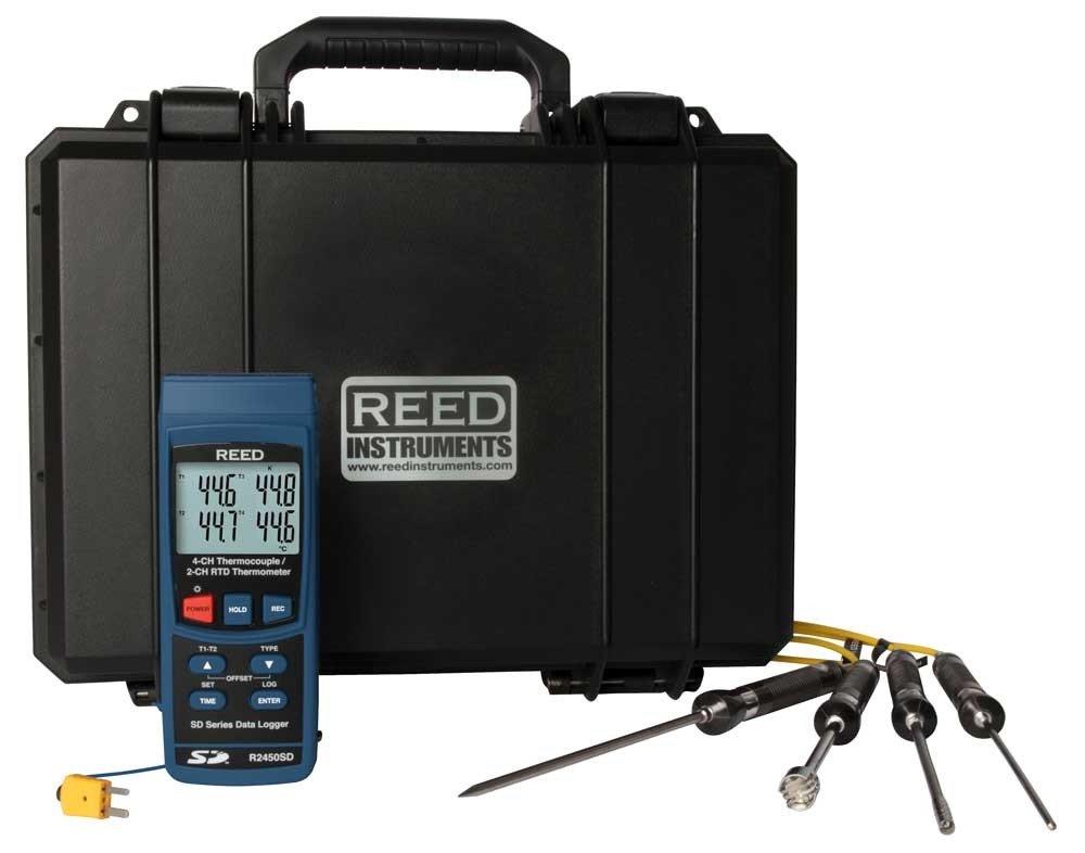 REED R2450SD-KIT4 Data Logging Thermometer with 4 Type-K Thermocouple Probes and Carrying Case