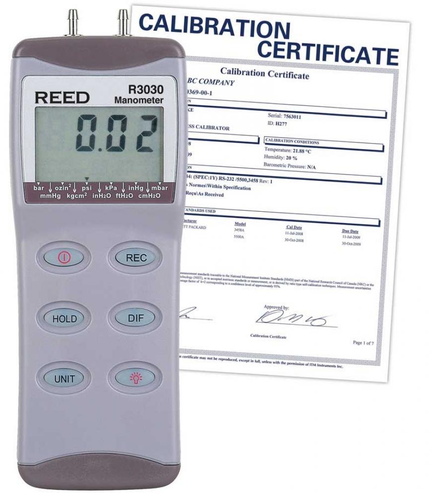 REED R3030 Digital Manometer, Gauge / Differential, 30psi, includes NIST Traceable Certificatio