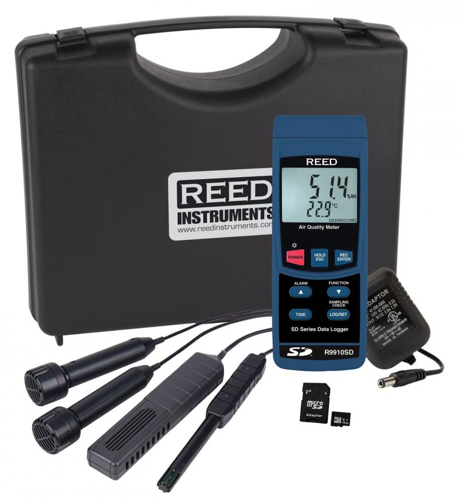 REED R9910SD-KIT Data Logging Indoor Air Quality Meter Kit with Power Adapter and SD Card