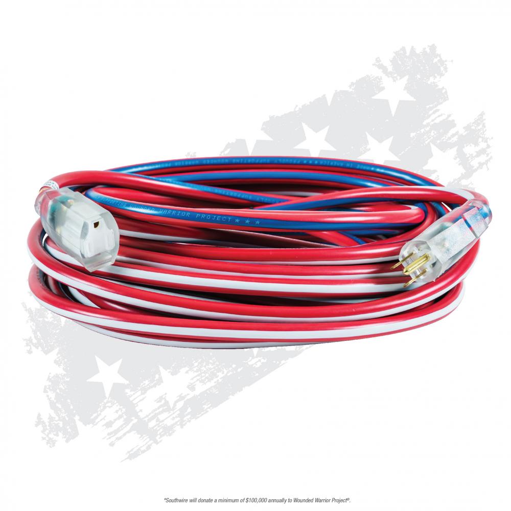 EXTCORD- 12/3 SJTW 100' RD/WHT/BLU LE S+