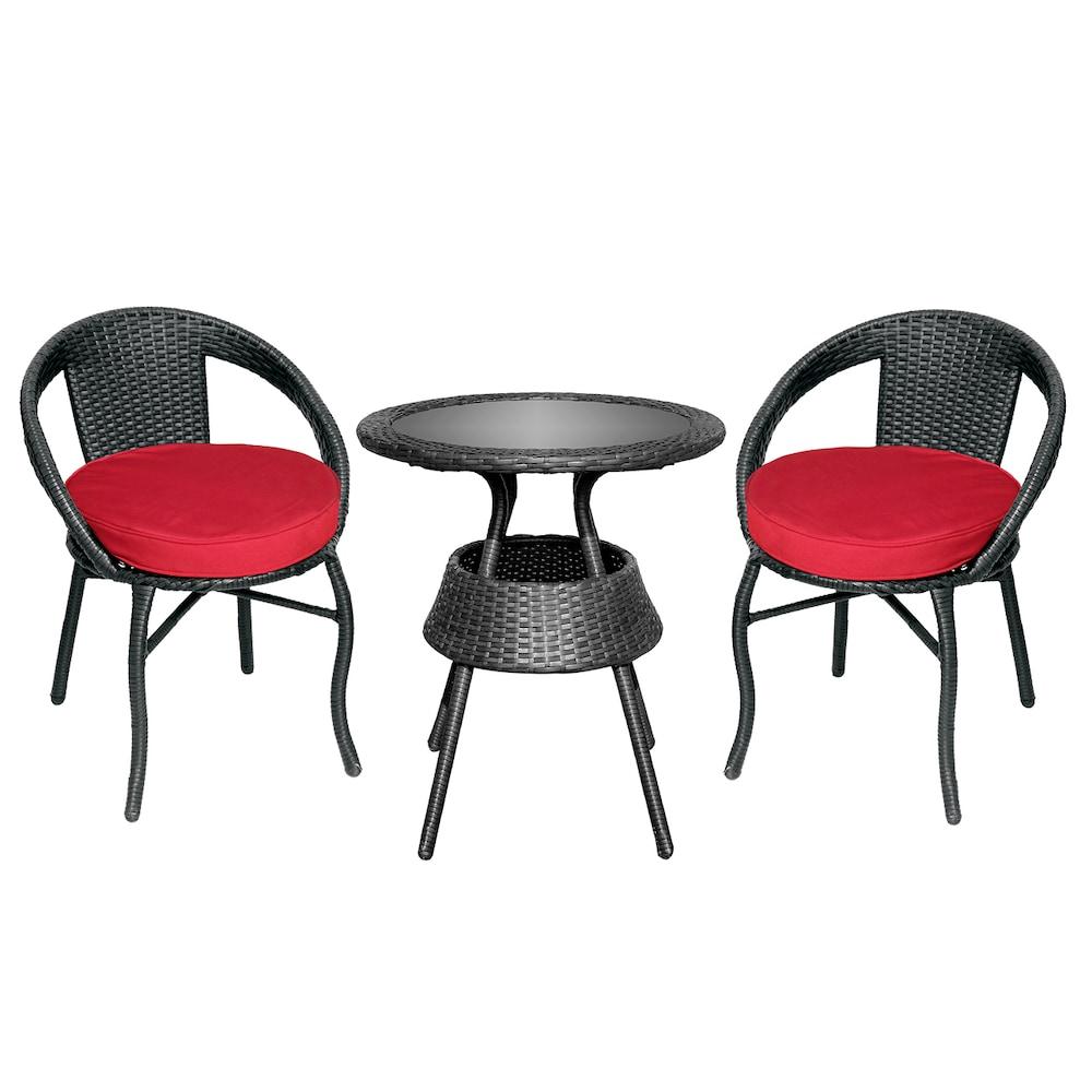 3Pc Wicker Bistro Set with Red Cushions